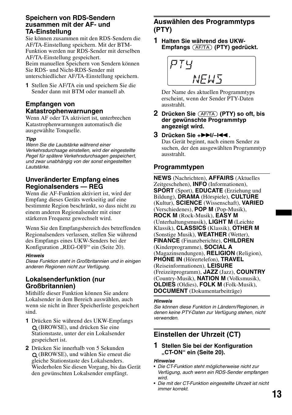 Auswählen des programmtyps (pty), Einstellen der uhrzeit (ct) | Sony DSX-S100 User Manual | Page 37 / 132