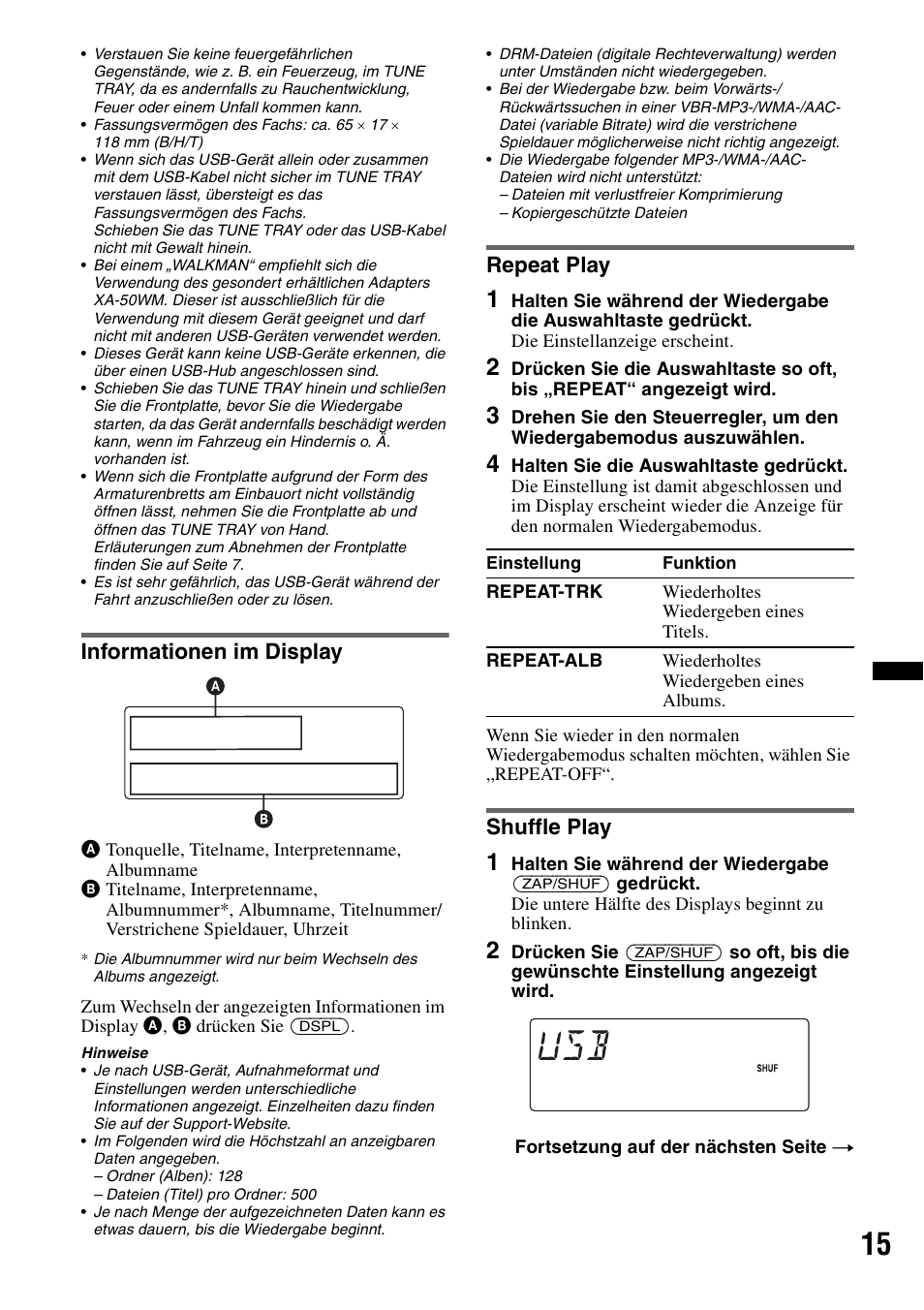 Informationen im display, Repeat play, Shuffle play | Informationen im display repeat play shuffle play | Sony DSX-S100 User Manual | Page 39 / 132