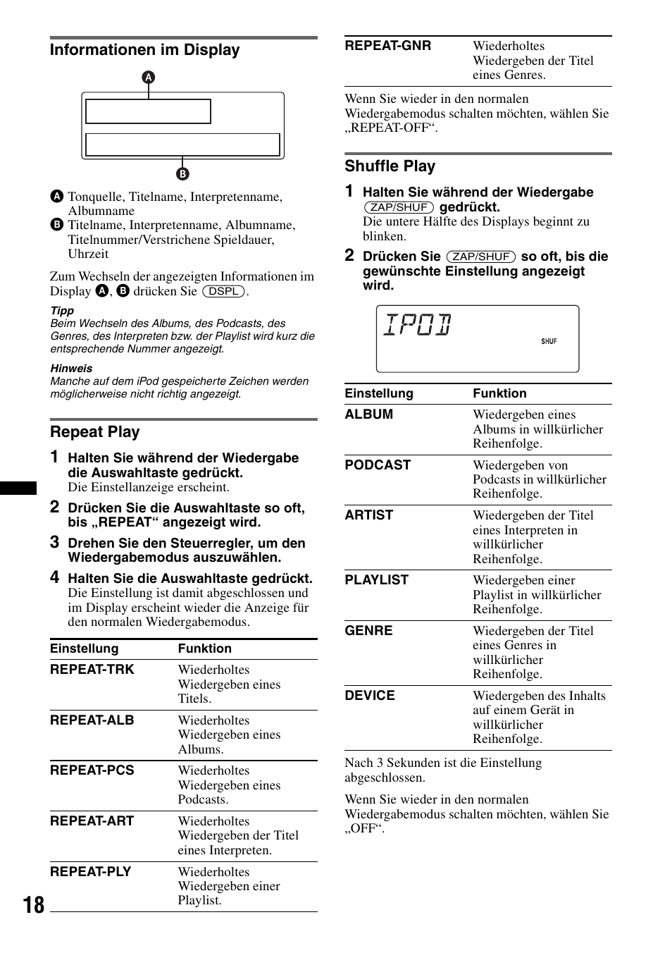Informationen im display, Repeat play, Shuffle play | Informationen im display repeat play shuffle play | Sony DSX-S100 User Manual | Page 42 / 132