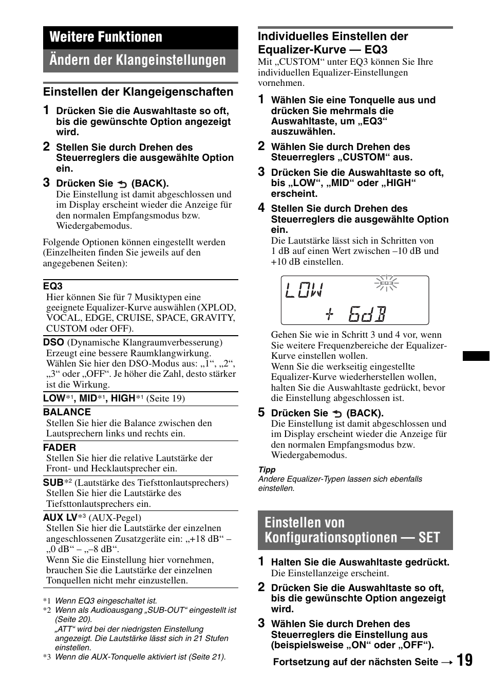 Weitere funktionen, Ändern der klangeinstellungen, Einstellen der klangeigenschaften | Individuelles einstellen der equalizer-kurve - eq3, Einstellen von konfigurationsoptionen - set, Einstellen von konfigurationsoptionen — set, Seite 19, Weitere funktionen ändern der klangeinstellungen | Sony DSX-S100 User Manual | Page 43 / 132