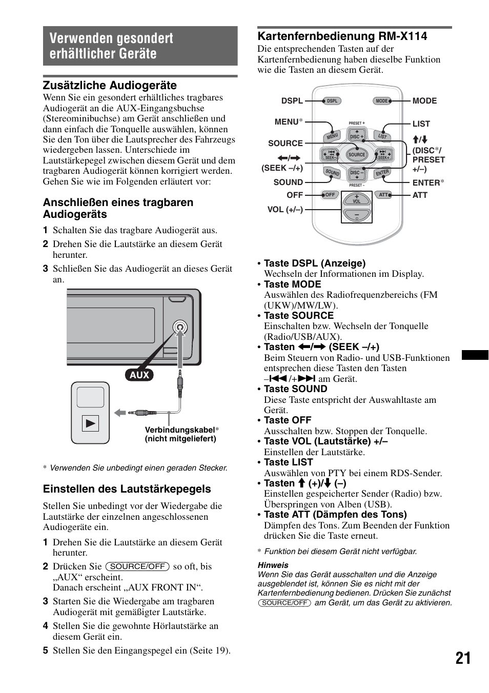 Verwenden gesondert erhältlicher geräte, Zusätzliche audiogeräte, Kartenfernbedienung rm-x114 | Seite 21, Anschließen eines tragbaren audiogeräts, Einstellen des lautstärkepegels | Sony DSX-S100 User Manual | Page 45 / 132