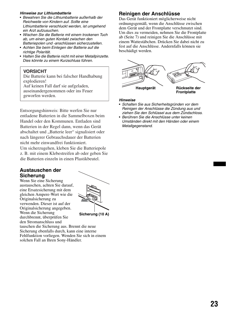 Austauschen der sicherung, Reinigen der anschlüsse | Sony DSX-S100 User Manual | Page 47 / 132