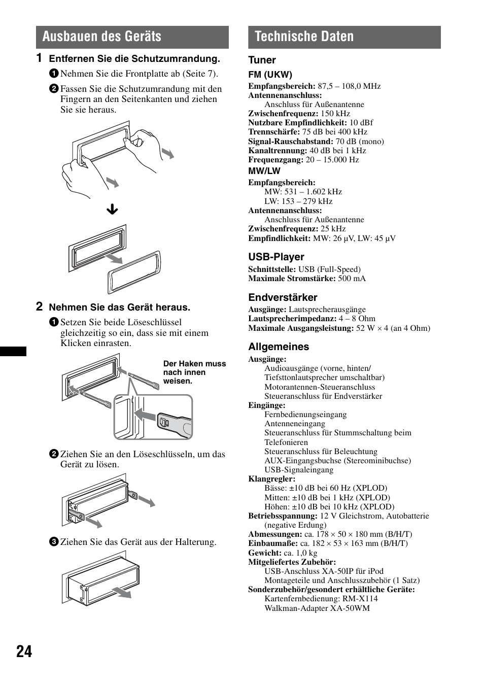 Ausbauen des geräts, Technische daten, Ausbauen des geräts technische daten | Sony DSX-S100 User Manual | Page 48 / 132