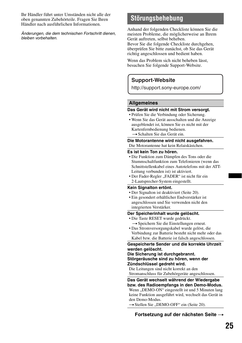 Störungsbehebung, Support-website | Sony DSX-S100 User Manual | Page 49 / 132