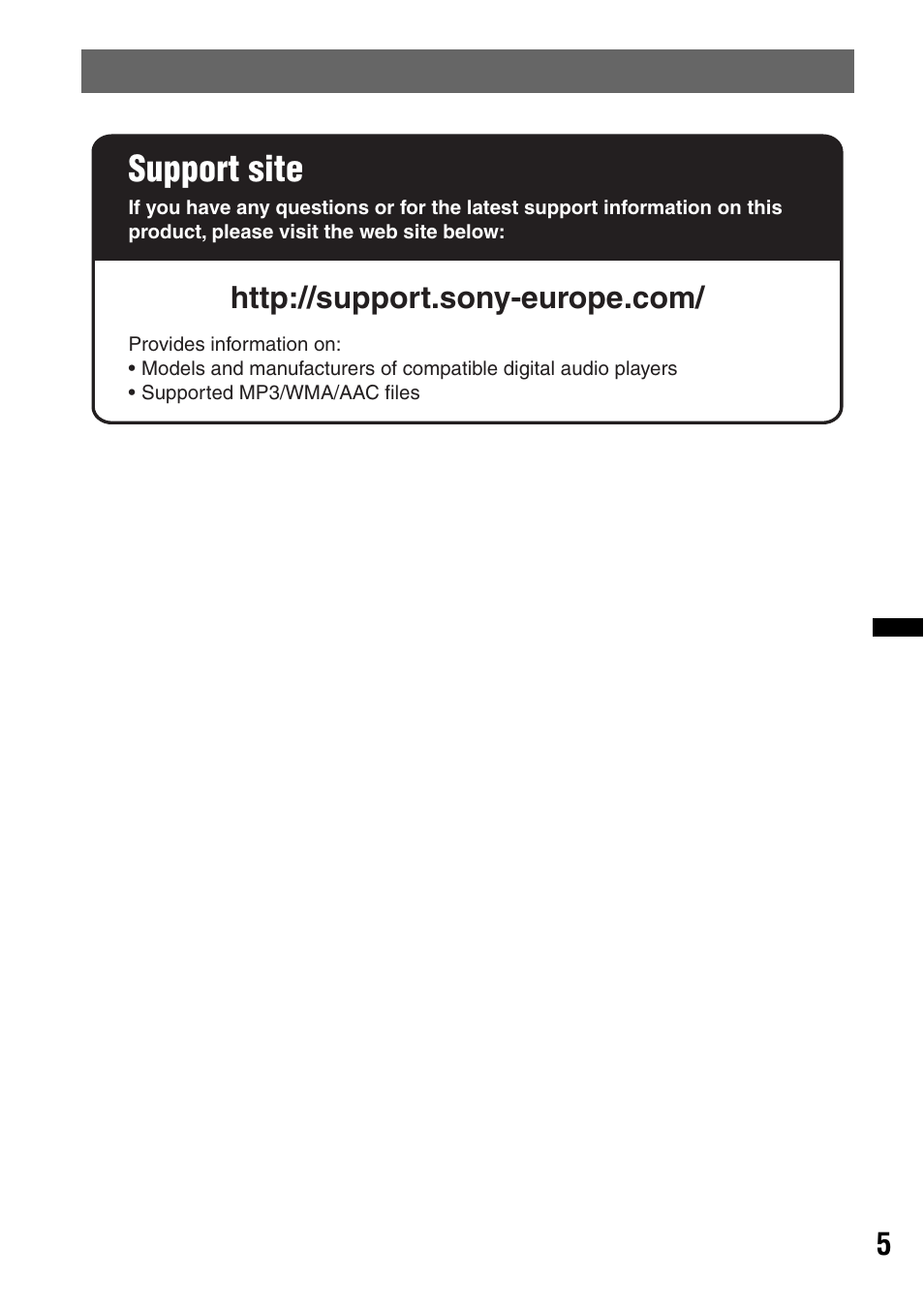 Support site | Sony DSX-S100 User Manual | Page 5 / 132