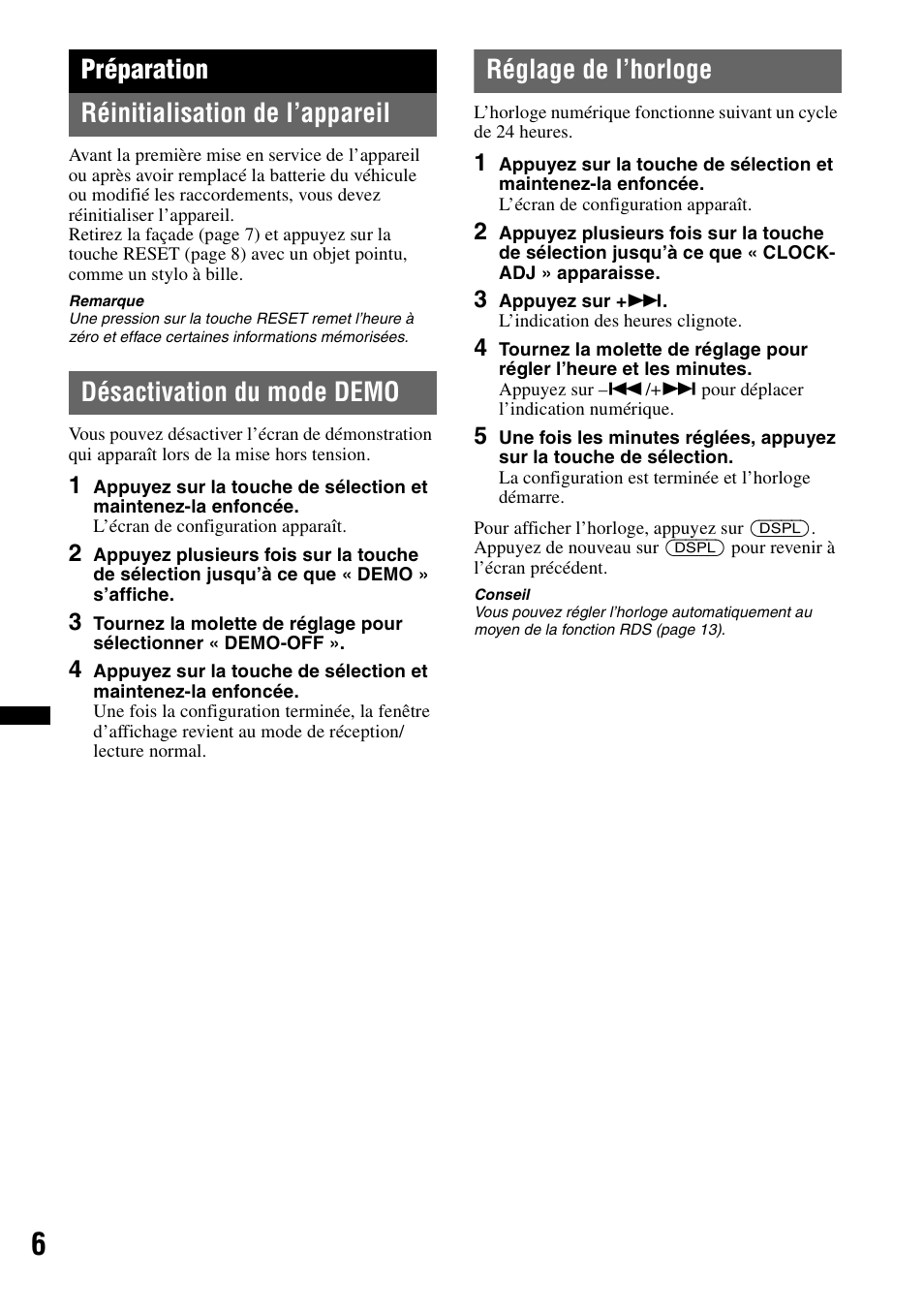 Préparation, Réinitialisation de l’appareil, Désactivation du mode demo | Réglage de l’horloge, Préparation réinitialisation de l’appareil | Sony DSX-S100 User Manual | Page 56 / 132