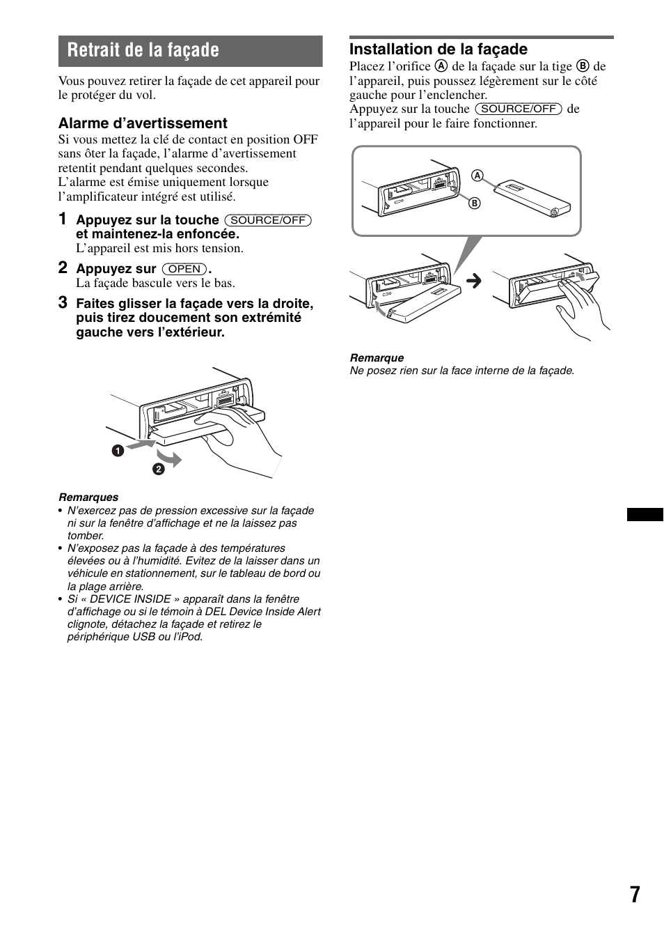 Retrait de la façade, Installation de la façade | Sony DSX-S100 User Manual | Page 57 / 132