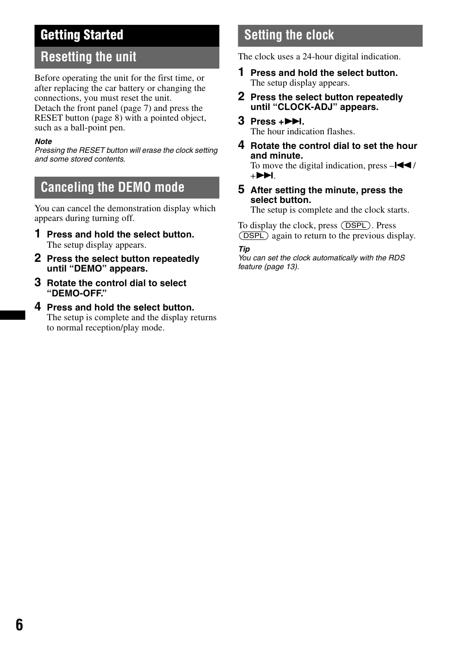 Getting started, Resetting the unit, Canceling the demo mode | Setting the clock, Getting started resetting the unit | Sony DSX-S100 User Manual | Page 6 / 132