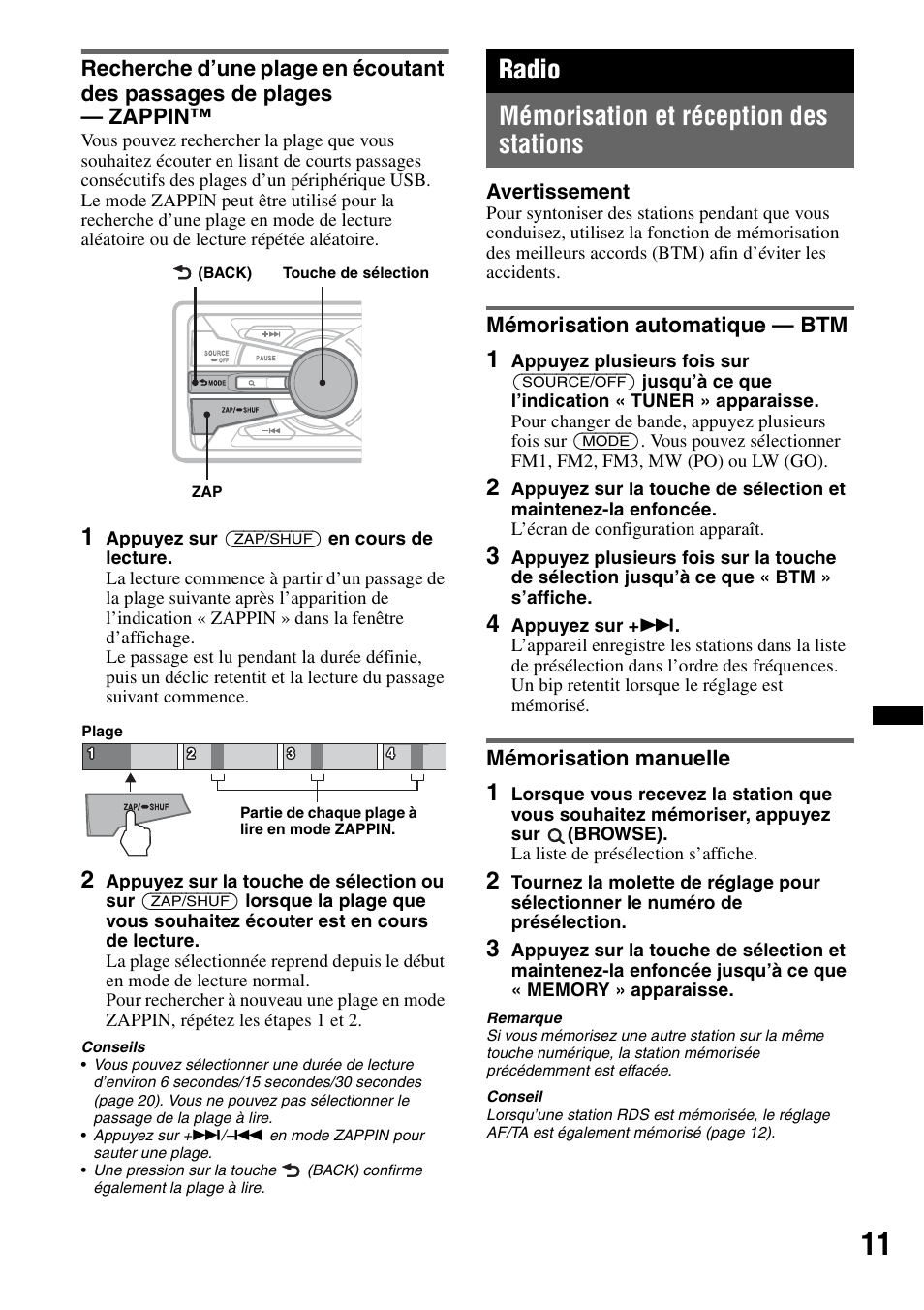 Radio, Mémorisation et réception des stations, Mémorisation automatique - btm | Mémorisation manuelle, Radio mémorisation et réception des stations | Sony DSX-S100 User Manual | Page 61 / 132