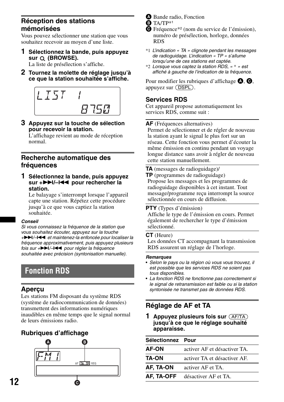 Réception des stations mémorisées, Recherche automatique des fréquences, Fonction rds | Aperçu, Réglage de af et ta, Aperçu réglage de af et ta | Sony DSX-S100 User Manual | Page 62 / 132