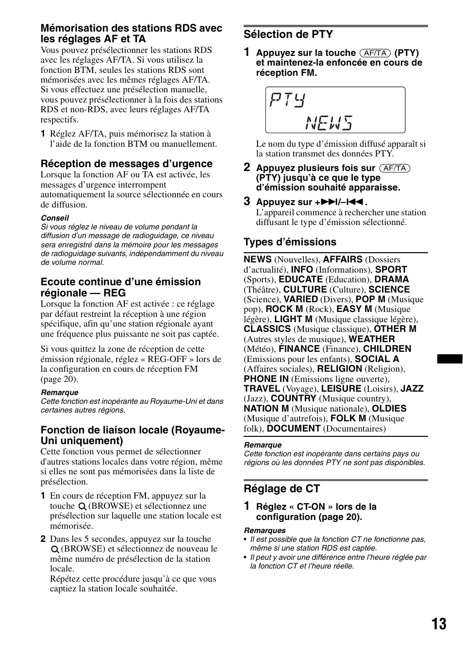 Sélection de pty, Réglage de ct, Sélection de pty réglage de ct | Sony DSX-S100 User Manual | Page 63 / 132