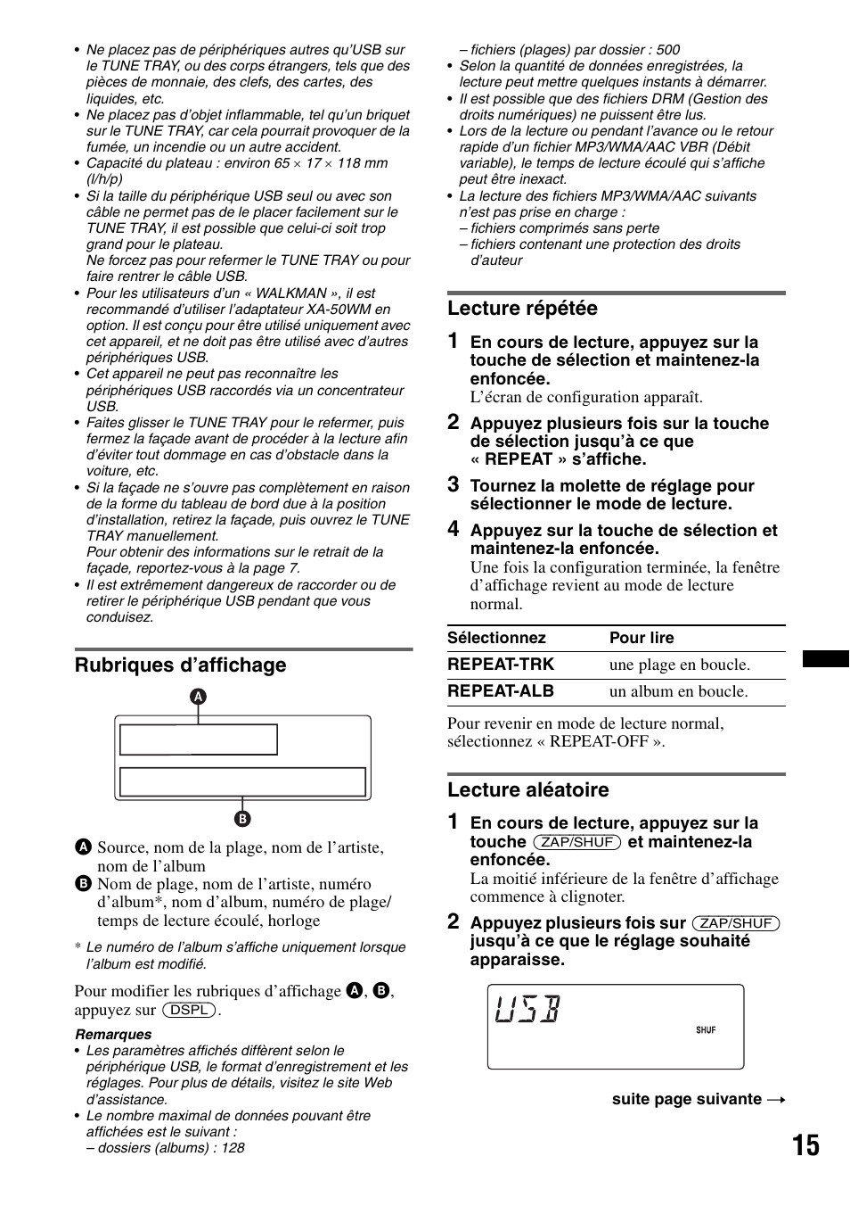 Rubriques d’affichage, Lecture répétée, Lecture aléatoire | Sony DSX-S100 User Manual | Page 65 / 132