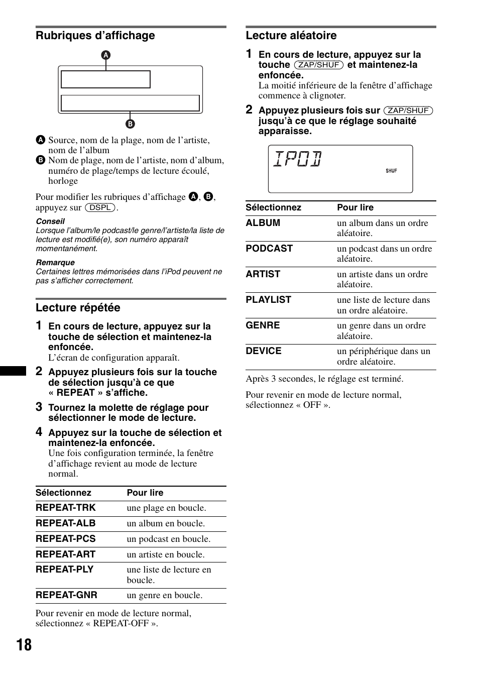 Rubriques d’affichage, Lecture répétée, Lecture aléatoire | Sony DSX-S100 User Manual | Page 68 / 132