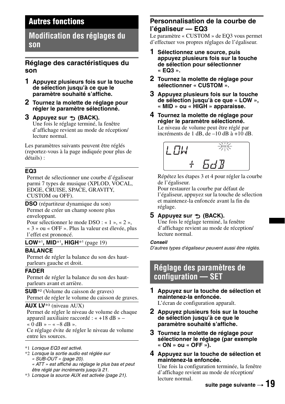 Autres fonctions, Modification des réglages du son, Réglage des caractéristiques du son | Personnalisation de la courbe de l’égaliseur - eq3, Réglage des paramètres de configuration - set, Réglage des paramètres de configuration — set, Autres fonctions modification des réglages du son | Sony DSX-S100 User Manual | Page 69 / 132