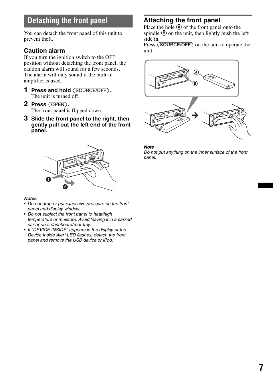 Detaching the front panel, Attaching the front panel | Sony DSX-S100 User Manual | Page 7 / 132