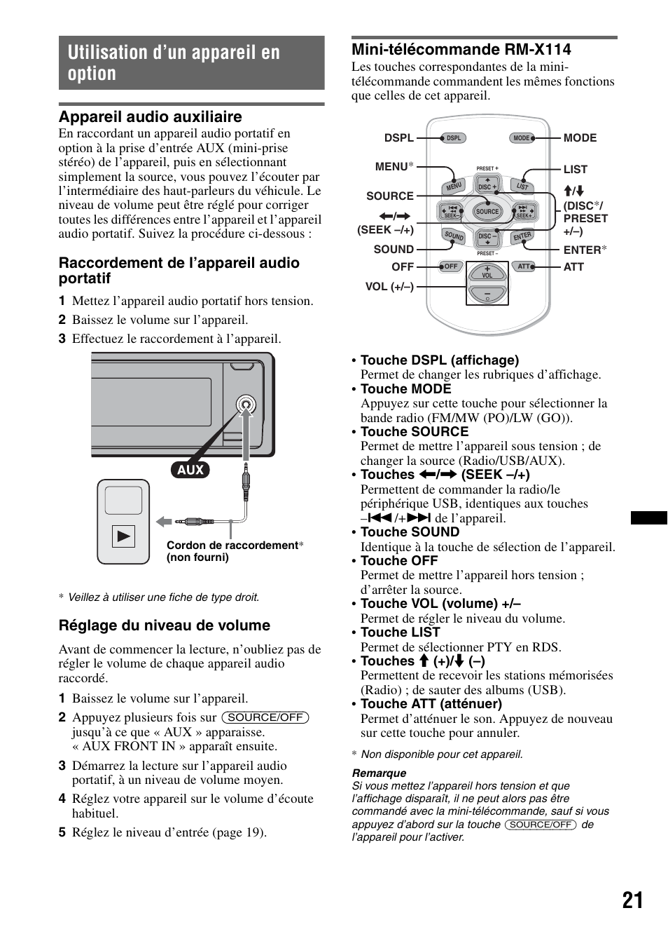 Utilisation d’un appareil en option, Appareil audio auxiliaire, Mini-télécommande rm-x114 | Raccordement de l’appareil audio portatif, Réglage du niveau de volume | Sony DSX-S100 User Manual | Page 71 / 132