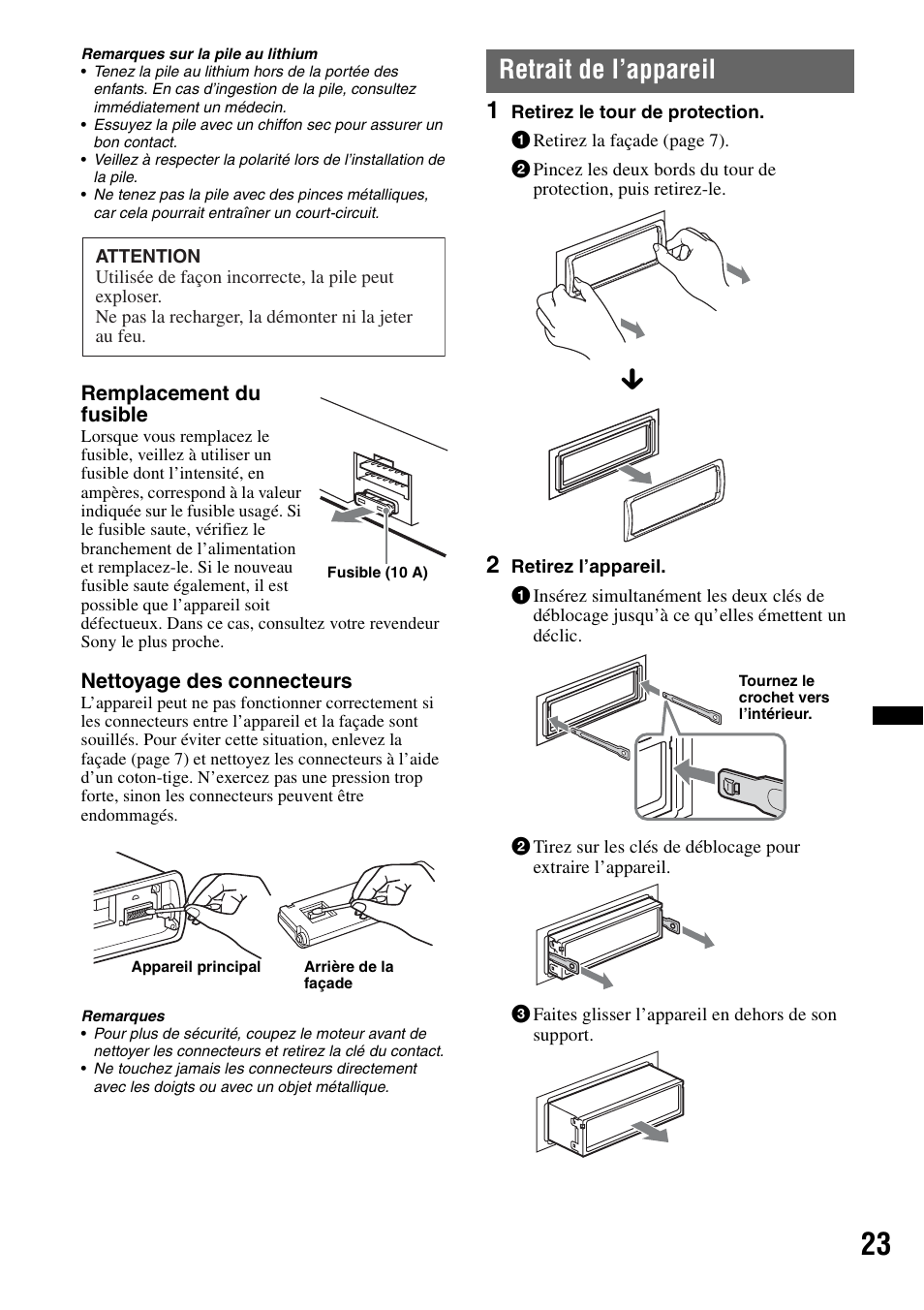 Retrait de l’appareil | Sony DSX-S100 User Manual | Page 73 / 132