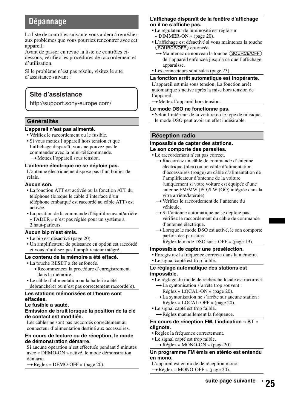 Dépannage, Site d’assistance | Sony DSX-S100 User Manual | Page 75 / 132