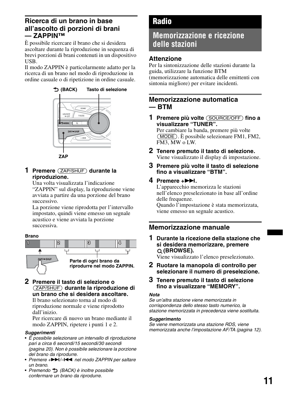 Radio, Memorizzazione e ricezione delle stazioni, Memorizzazione automatica - btm | Memorizzazione manuale | Sony DSX-S100 User Manual | Page 87 / 132