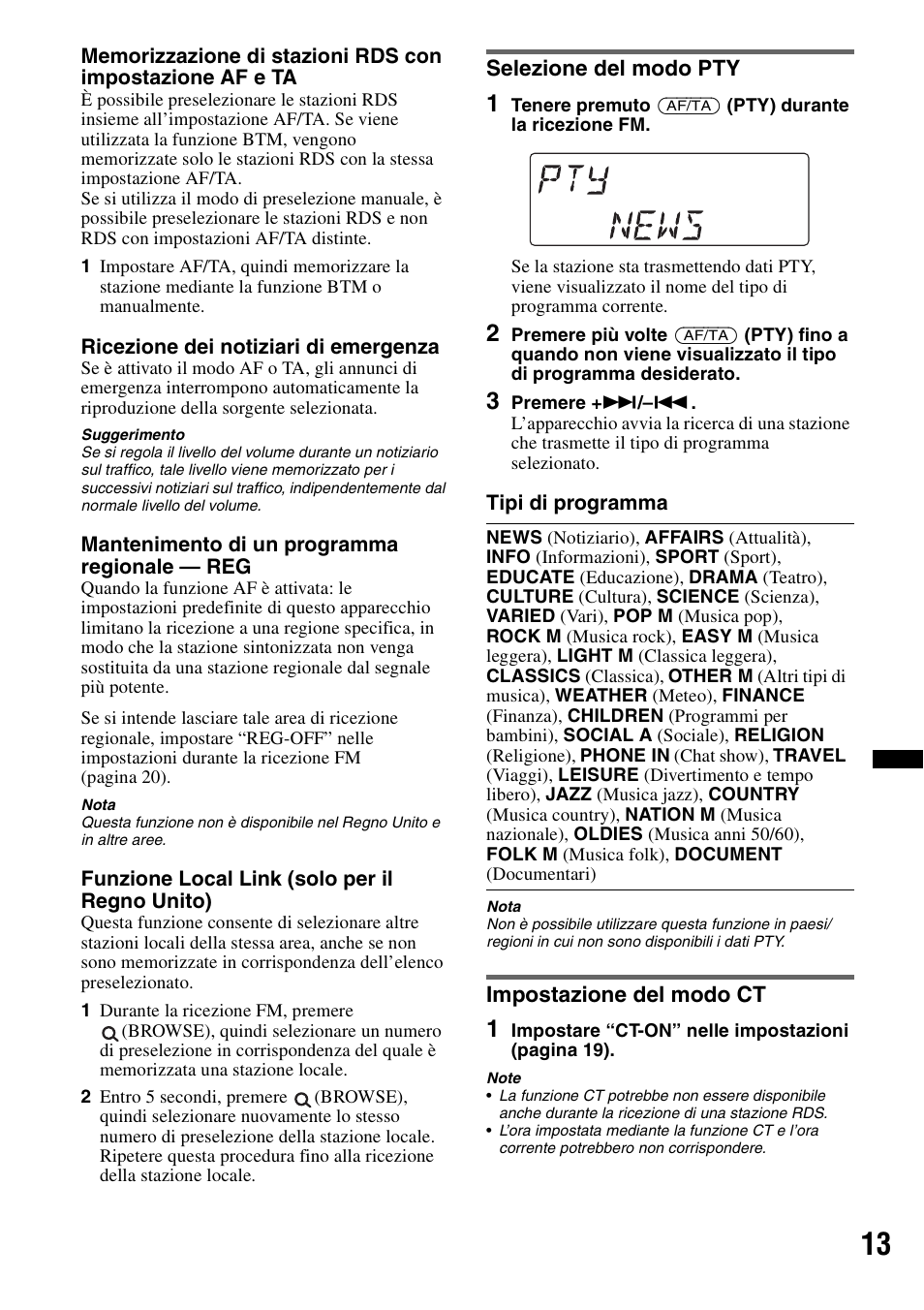 Selezione del modo pty, Impostazione del modo ct, Selezione del modo pty impostazione del modo ct | Sony DSX-S100 User Manual | Page 89 / 132