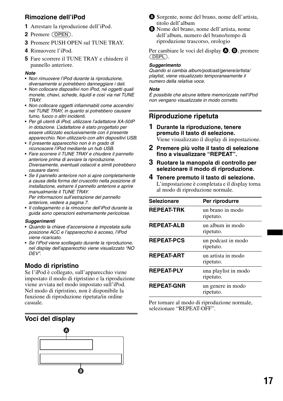 Voci del display, Riproduzione ripetuta, Voci del display riproduzione ripetuta | Sony DSX-S100 User Manual | Page 93 / 132
