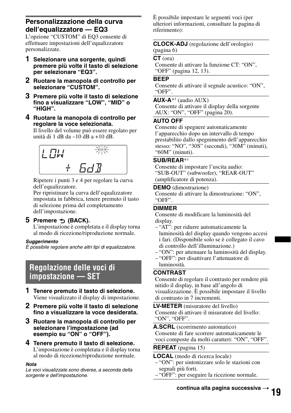 Regolazione delle voci di impostazione - set, Regolazione delle voci di impostazione — set | Sony DSX-S100 User Manual | Page 95 / 132