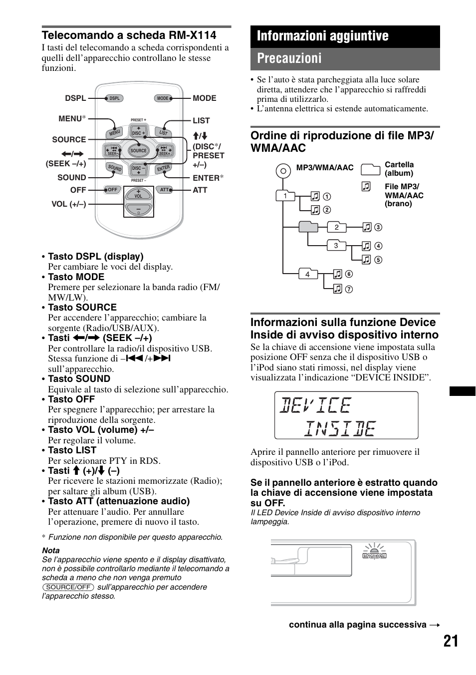 Telecomando a scheda rm-x114, Informazioni aggiuntive, Precauzioni | Ordine di riproduzione di file mp3/ wma/aac, Informazioni aggiuntive precauzioni | Sony DSX-S100 User Manual | Page 97 / 132