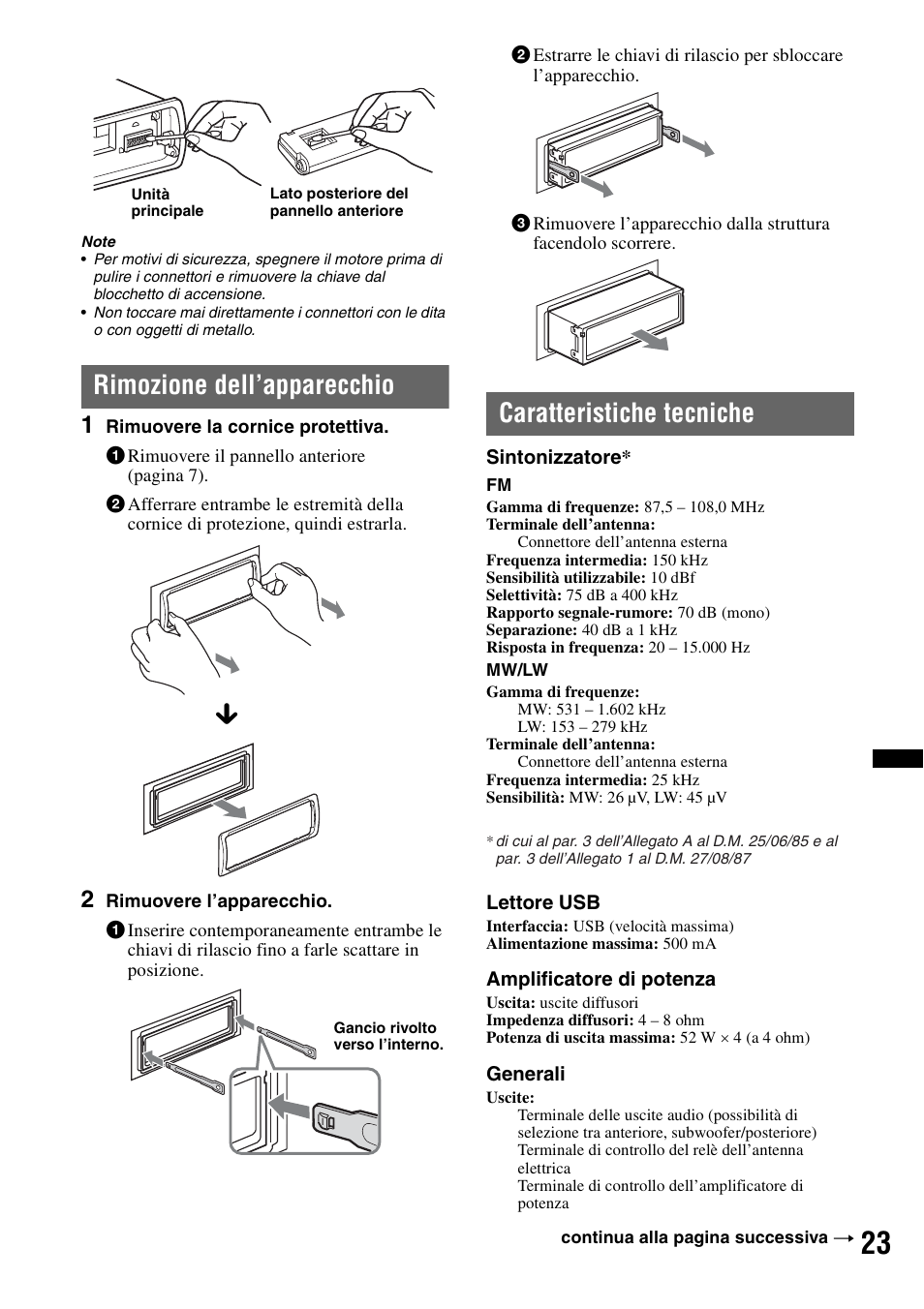 Rimozione dell’apparecchio, Caratteristiche tecniche | Sony DSX-S100 User Manual | Page 99 / 132