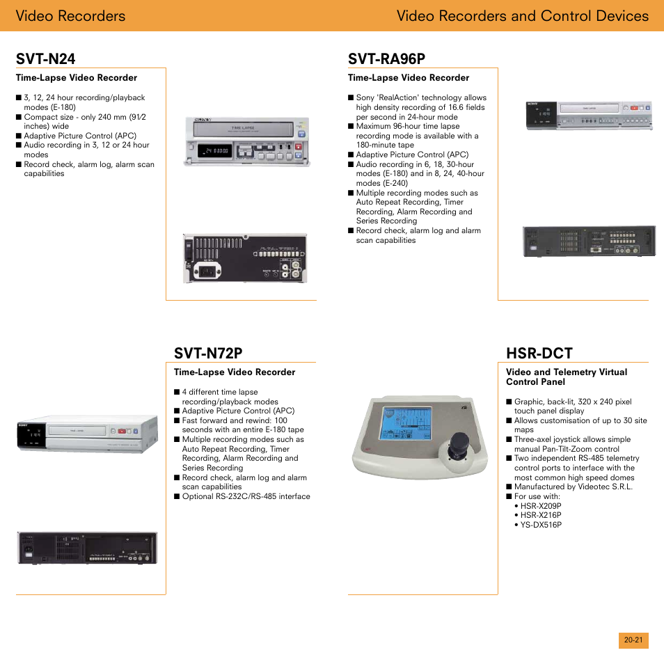 Video recorders and control devices, Svt-n72p, Svt-ra96p | Video recorders hsr-dct, Svt-n24 | Sony Smarter Security User Manual | Page 11 / 24