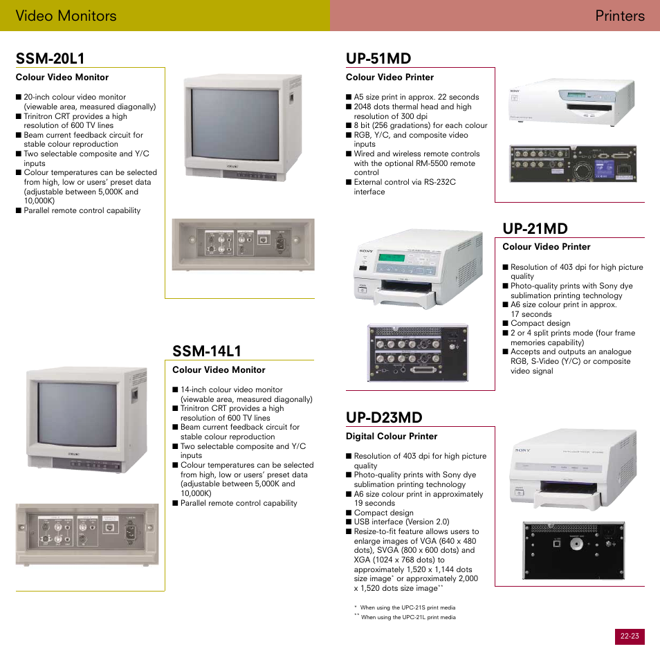 Printers, Up-51md, Up-d23md | Up-21md, Video monitors ssm-20l1, Ssm-14l1 | Sony Smarter Security User Manual | Page 12 / 24