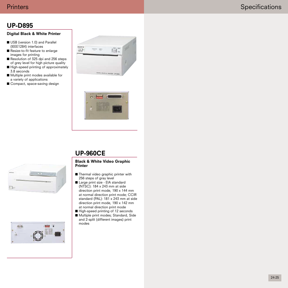 Specifications, Printers up-d895, Up-960ce | Sony Smarter Security User Manual | Page 13 / 24