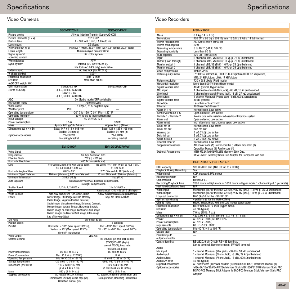 Specifications, Video recorders, Video cameras | Sony Smarter Security User Manual | Page 21 / 24