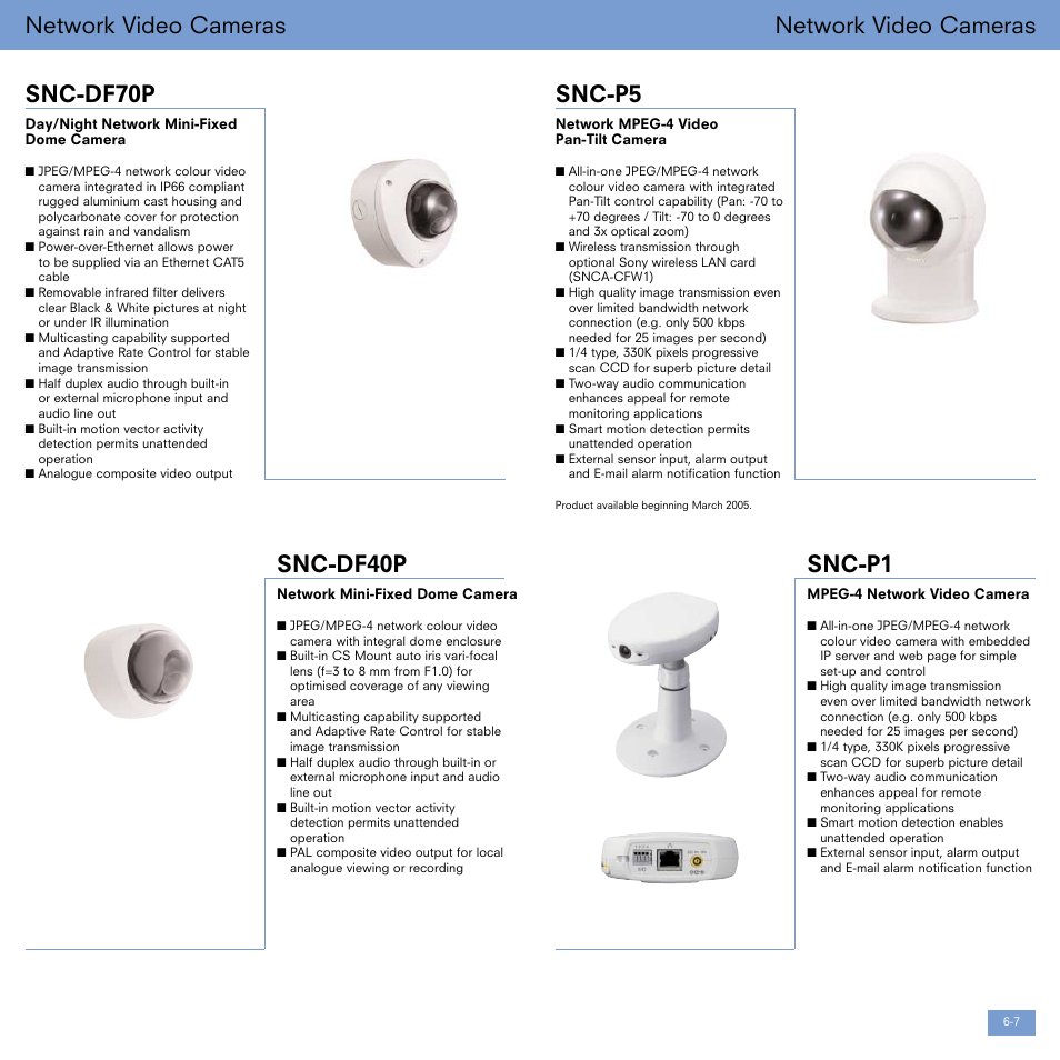 Network video cameras, Snc-p5, Snc-p1 | Network video cameras snc-df70p, Snc-df40p | Sony Smarter Security User Manual | Page 4 / 24