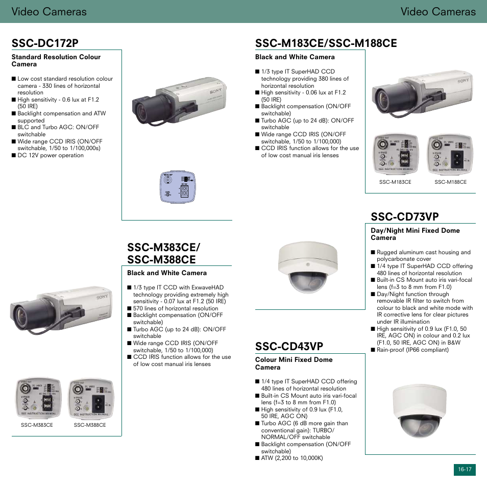 Video cameras, Ssc-cd73vp, Ssc-cd43vp | Video cameras ssc-dc172p | Sony Smarter Security User Manual | Page 9 / 24