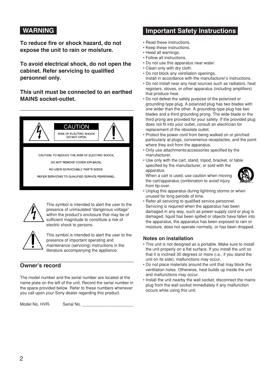 Warning, Important safety instructions, Owner’s record | Sony HVR-M25P User Manual | Page 2 / 104