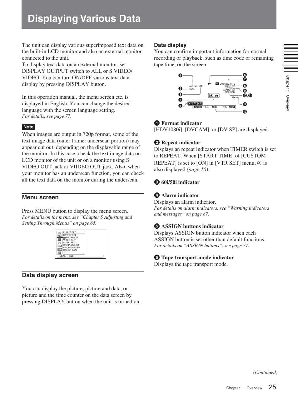 Displaying various data, Menu screen, Data display screen | Press menu button to display the menu screen | Sony HVR-M25P User Manual | Page 25 / 104