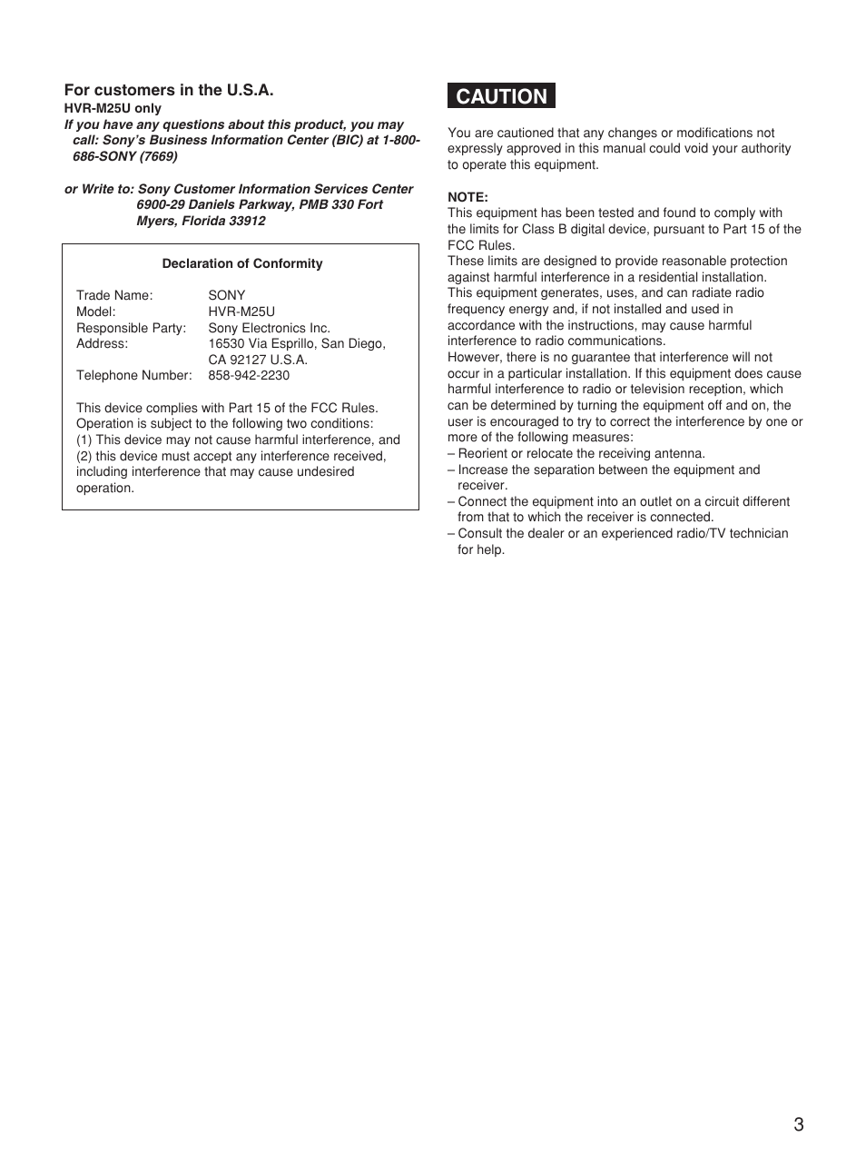 Caution | Sony HVR-M25P User Manual | Page 3 / 104