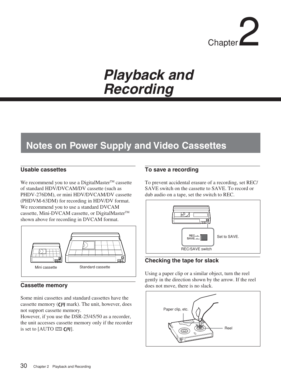 Chapter 2 playback and recording, Notes on power supply and video cassettes, Playback and recording | Chapter | Sony HVR-M25P User Manual | Page 30 / 104