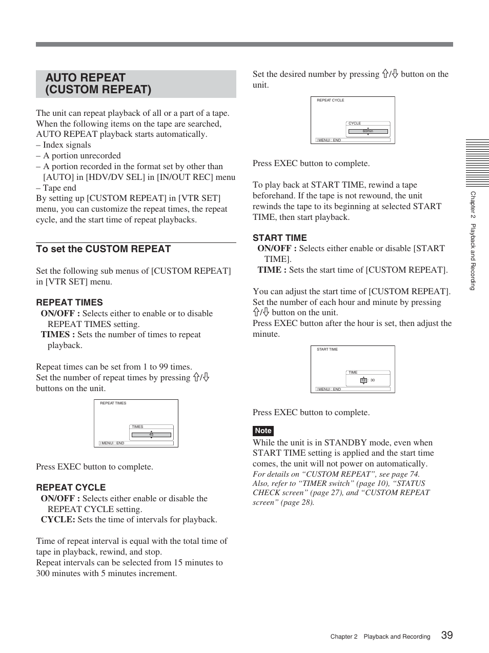 Auto repeat (custom repeat), Press exec button to complete | Sony HVR-M25P User Manual | Page 39 / 104