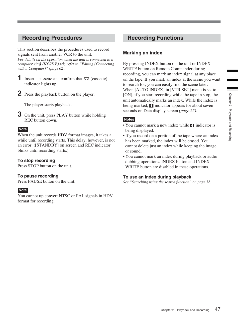 Recording procedures, Recording functions | Sony HVR-M25P User Manual | Page 47 / 104