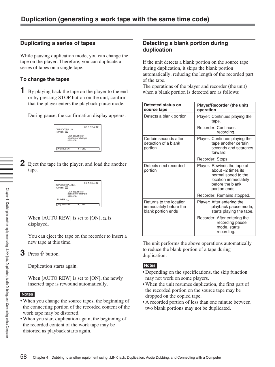 Detecting a blank portion during duplication, Duplicating a series of tapes | Sony HVR-M25P User Manual | Page 58 / 104