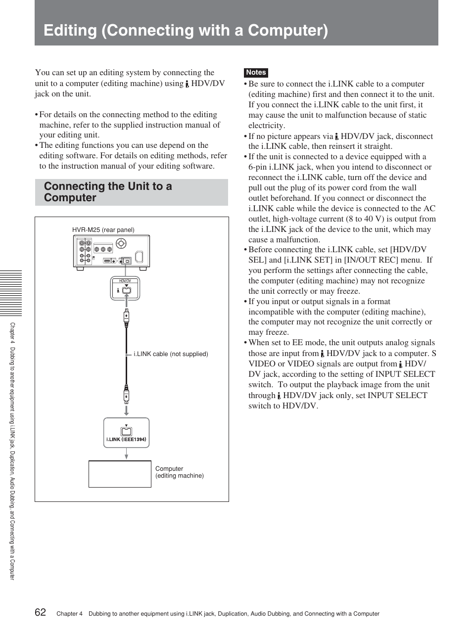 Editing (connecting with a computer), Connecting the unit to a computer | Sony HVR-M25P User Manual | Page 62 / 104