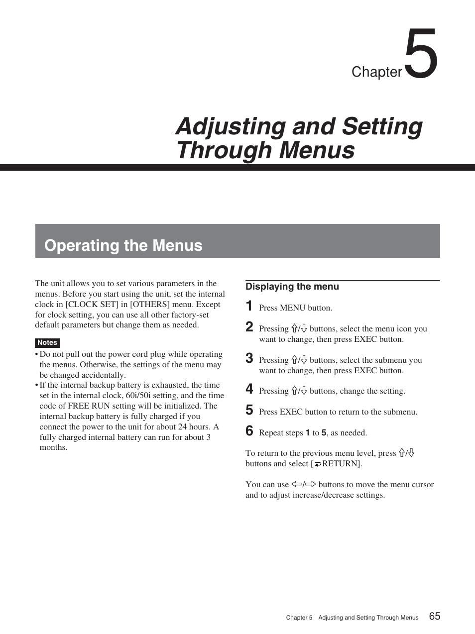 Chapter 5 adjusting and setting through menus, Operating the menus, Adjusting and setting through menus | Chapter | Sony HVR-M25P User Manual | Page 65 / 104