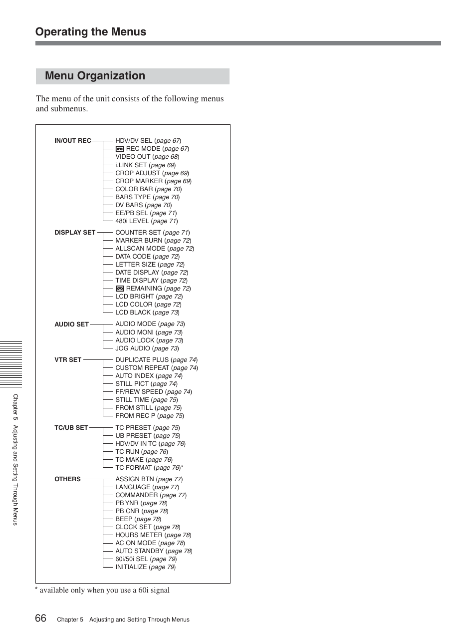 Menu organization, Operating the menus, Available only when you use a 60i signal | Sony HVR-M25P User Manual | Page 66 / 104