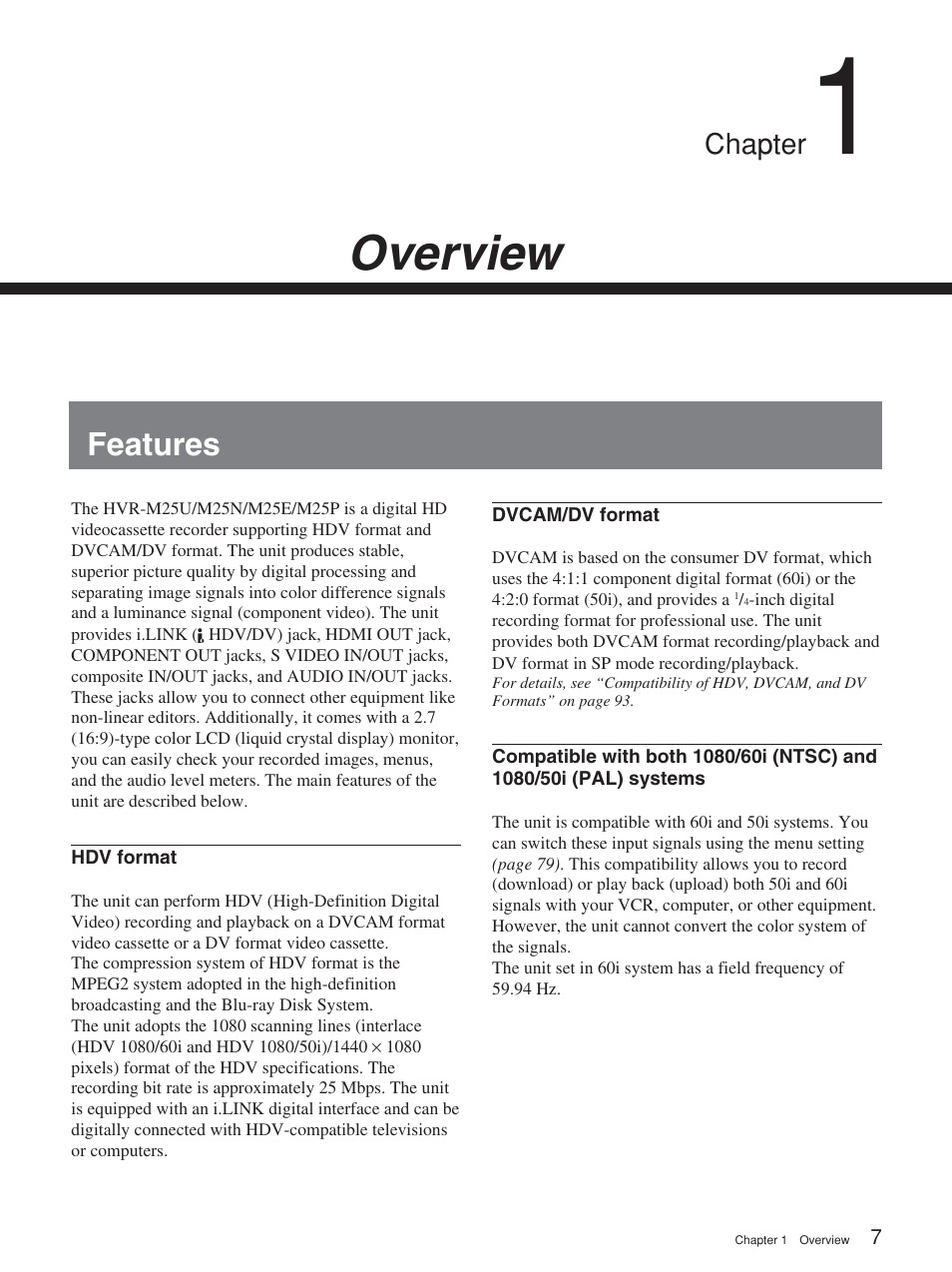 Chapter 1 overview, Features, Overview | Chapter | Sony HVR-M25P User Manual | Page 7 / 104