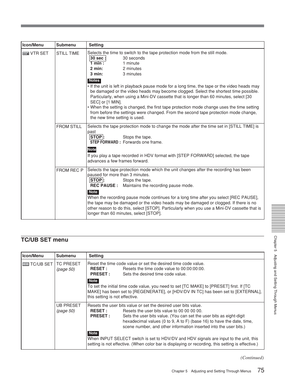 Tc/ub set menu | Sony HVR-M25P User Manual | Page 75 / 104