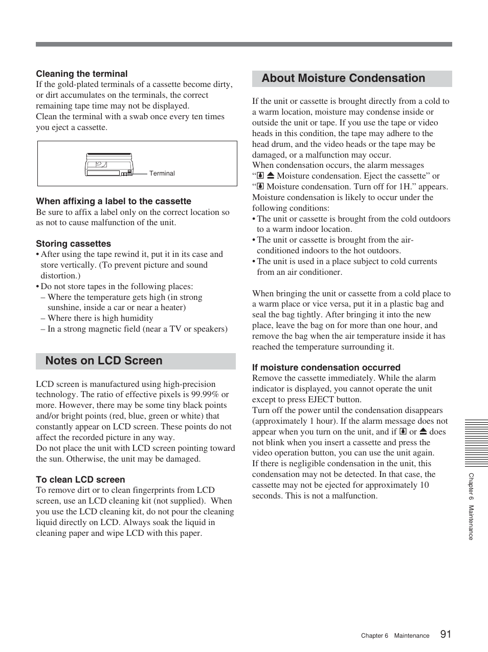 Notes on lcd screen, About moisture condensation | Sony HVR-M25P User Manual | Page 91 / 104