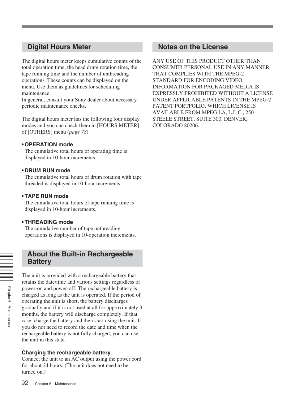 Digital hours meter, About the built-in rechargeable battery, Notes on the license | Sony HVR-M25P User Manual | Page 92 / 104