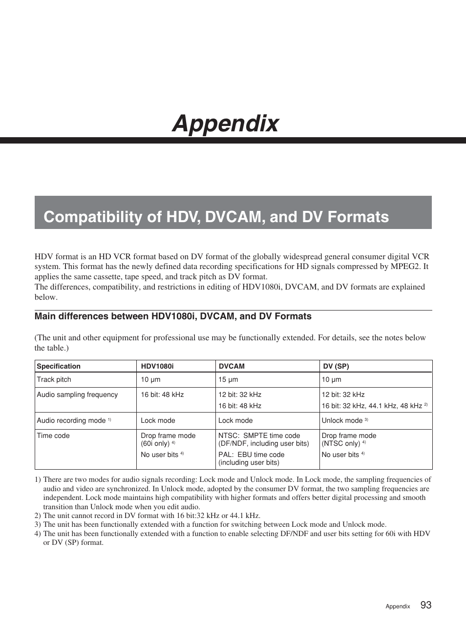 Appendix, Compatibility of hdv, dvcam, and dv formats | Sony HVR-M25P User Manual | Page 93 / 104