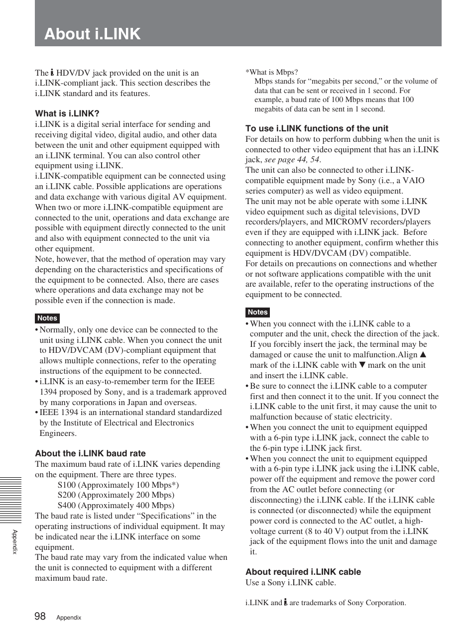 About i.link | Sony HVR-M25P User Manual | Page 98 / 104